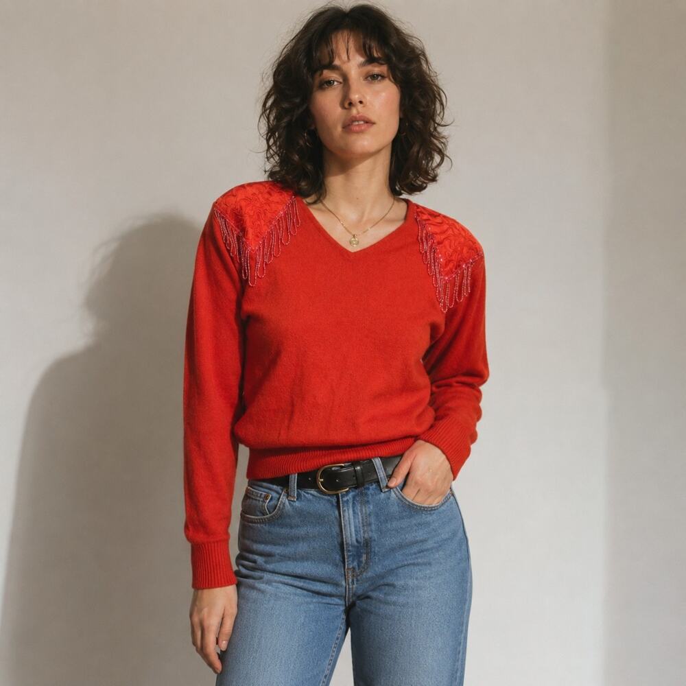 VTG 70s 80s Carducci Lambswool Sweater Medium Red Beaded Cha Cha Holiday Cowgirl